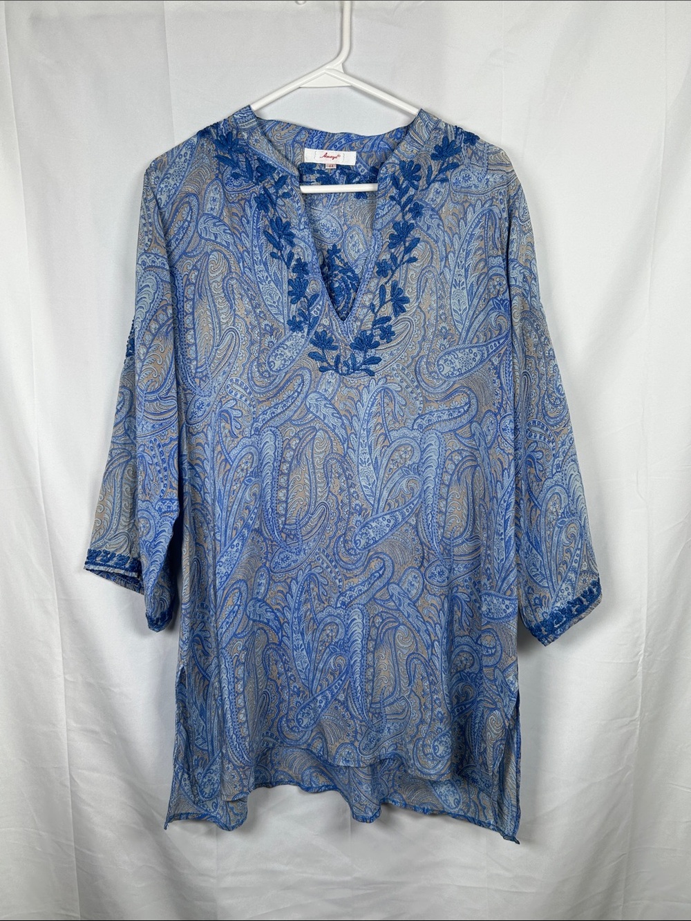 Amaya Tunic Silk Blouse Size 44 (12/14 XL) Blue Embroidered Paisley